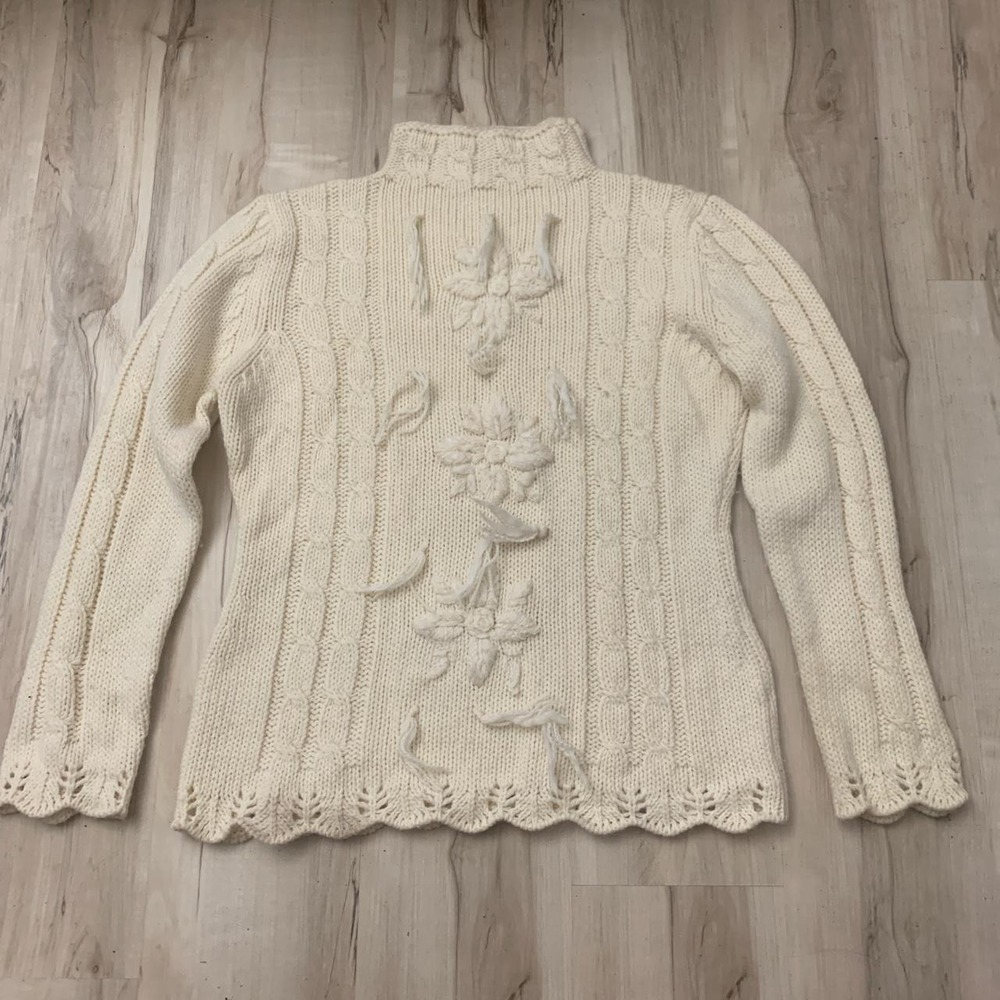 Mia Vintage 1980s Cream Cable Knit Pom Pom Sweater Large Made in Italy